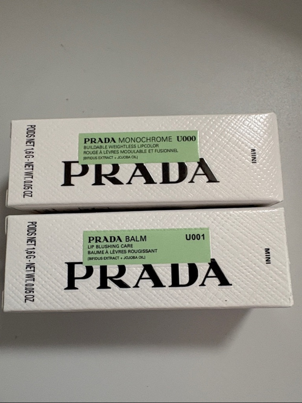 NIB [Prada] Monochrome Moisturizing Lip Balm Set 000 Universal/U001 Astral Pink - Picture 13 of 15
